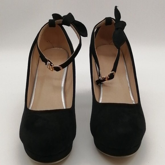 Womens Heels Black Faux Suede Mary Jane Round Toe Block Heel Bow EUR 43 NEW‎ - Picture 4 of 10